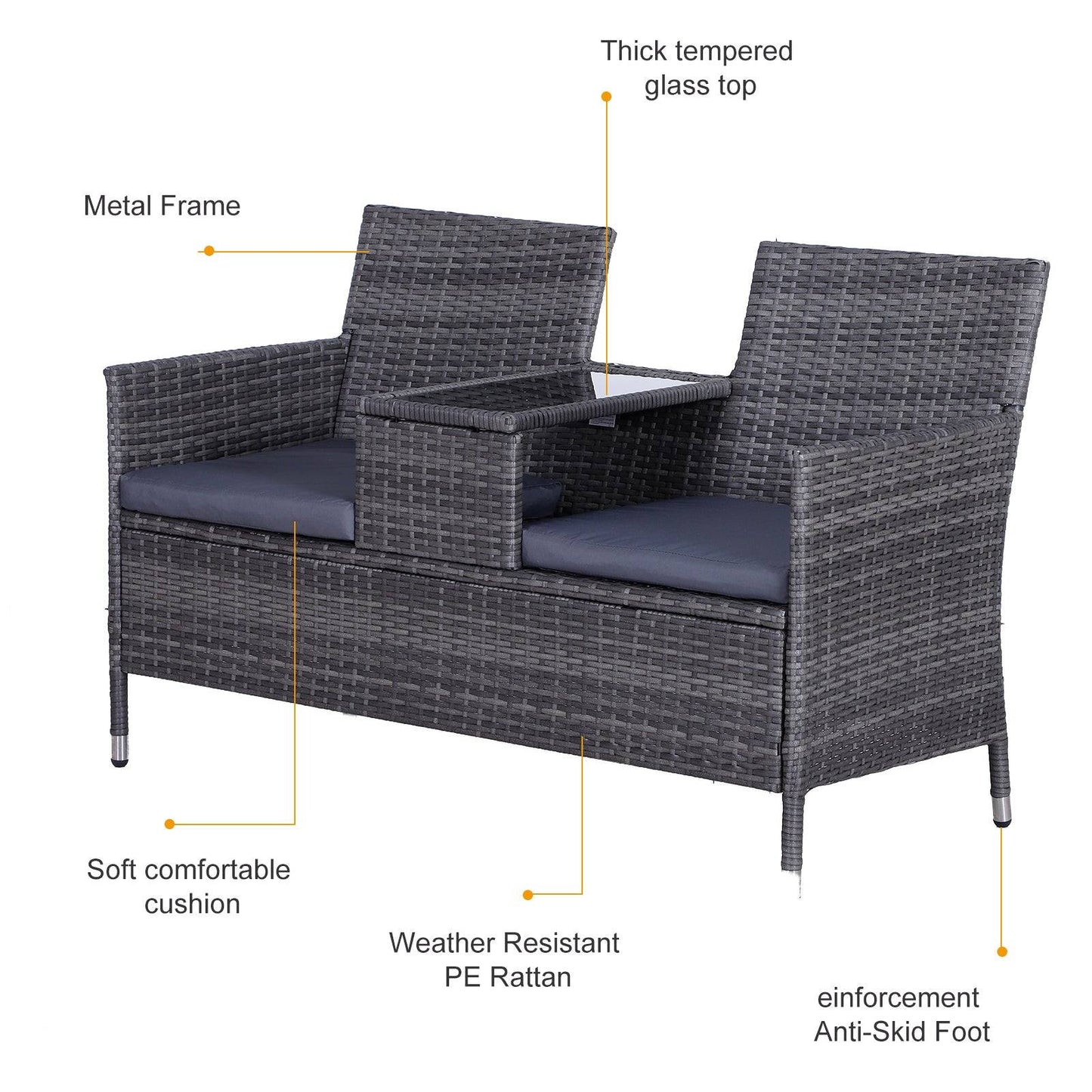 2 Seater PE Rattan Outdoor Garden Bench w/ Centre Table Grey