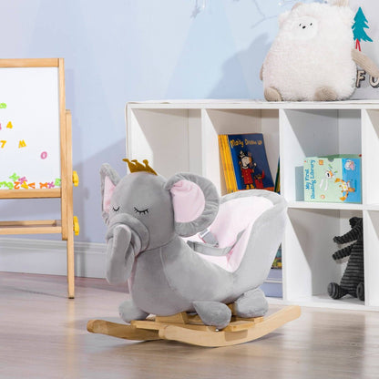 Baby Rocking Horse Elephant Rocking Chair Rocker Toy With Wooden Base Seat Safety Belt For 1.5-3 Year Old Grey