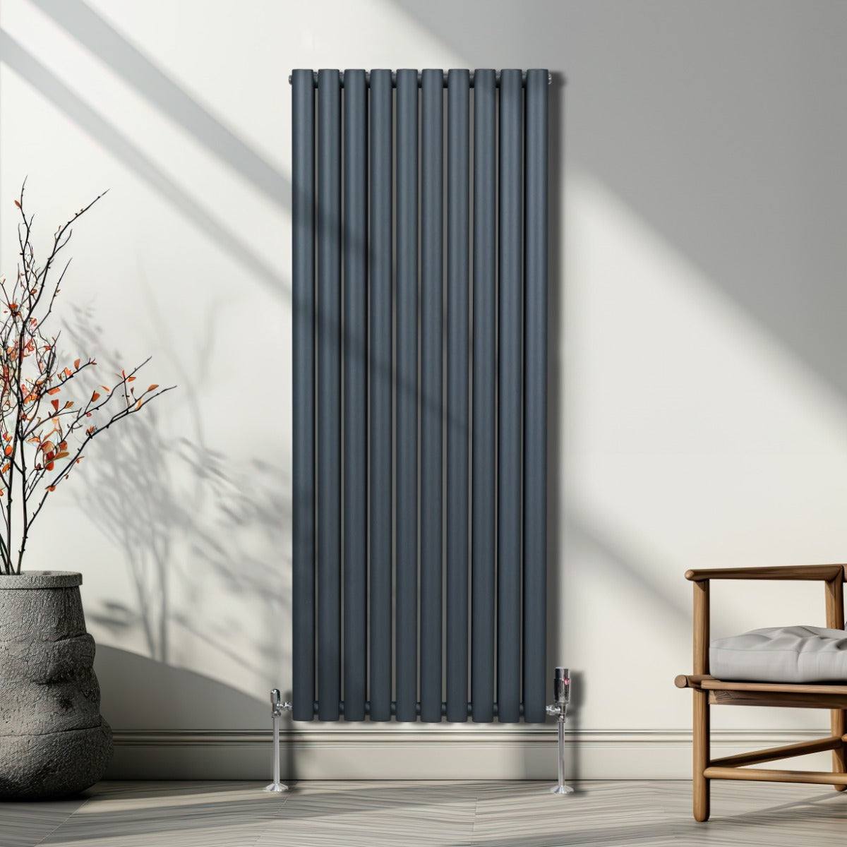 Oval Column Radiator & Valves - 1600mm x 600mm Anthracite Grey