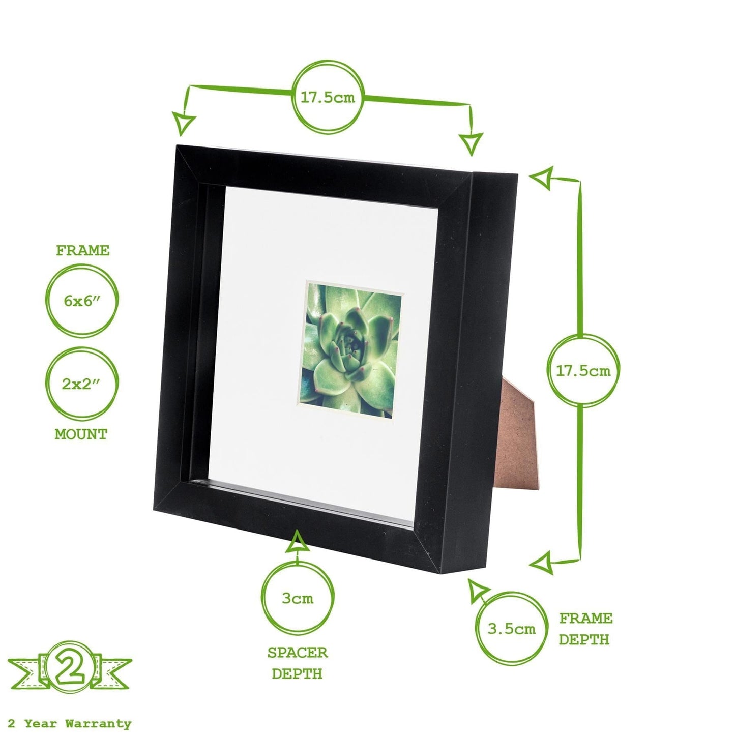6" x 6" Black 3D Box Photo Frame - with 2" x 2" Mount