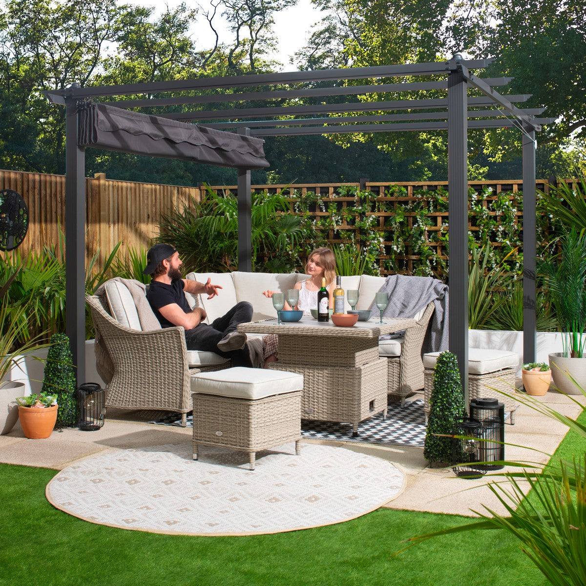 Premium 3x3M Aluminium Gazebo with Retractable Roof, Garden Pergola with Sun Shade Canopy-Charcoal  + FREE Canopy-Cream