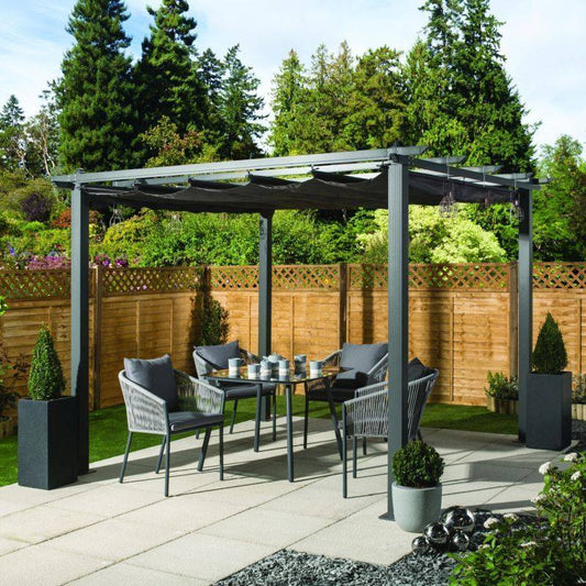 Premium 3x3M Aluminium Gazebo with Retractable Roof, Garden Pergola with Sun Shade Canopy-Charcoal  + FREE Canopy-Cream