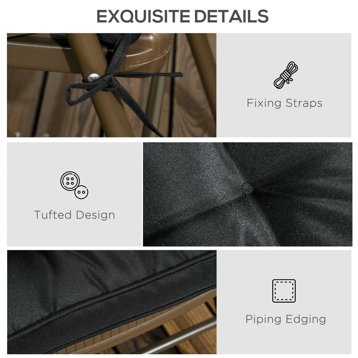 Set Of 4 Garden Seat Cushion With Ties 42 X 42cm Replacement Dining Chair Seat Pad Black
