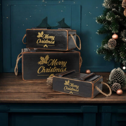 S/3 BLACK WOODEN CRATES WITH LIDS ROPE HAN