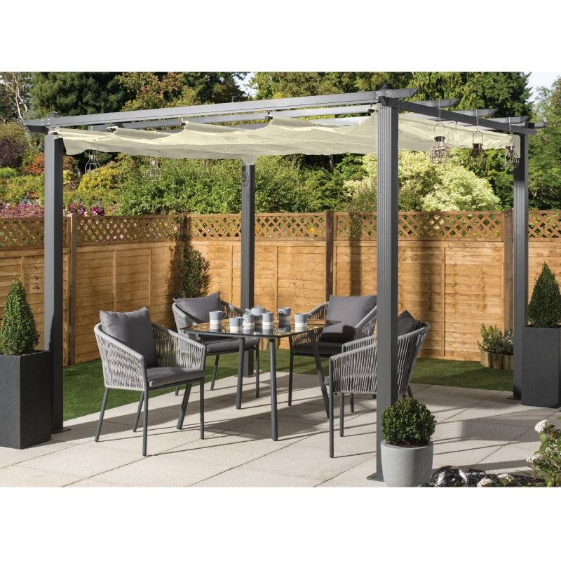 Premium 3x3M Aluminium Gazebo with Retractable Roof, Garden Pergola with Sun Shade Canopy-Charcoal  + FREE Canopy-Cream