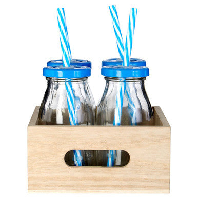 Dayla Set of 4 Milk Bottles with Blue Straws and Lids