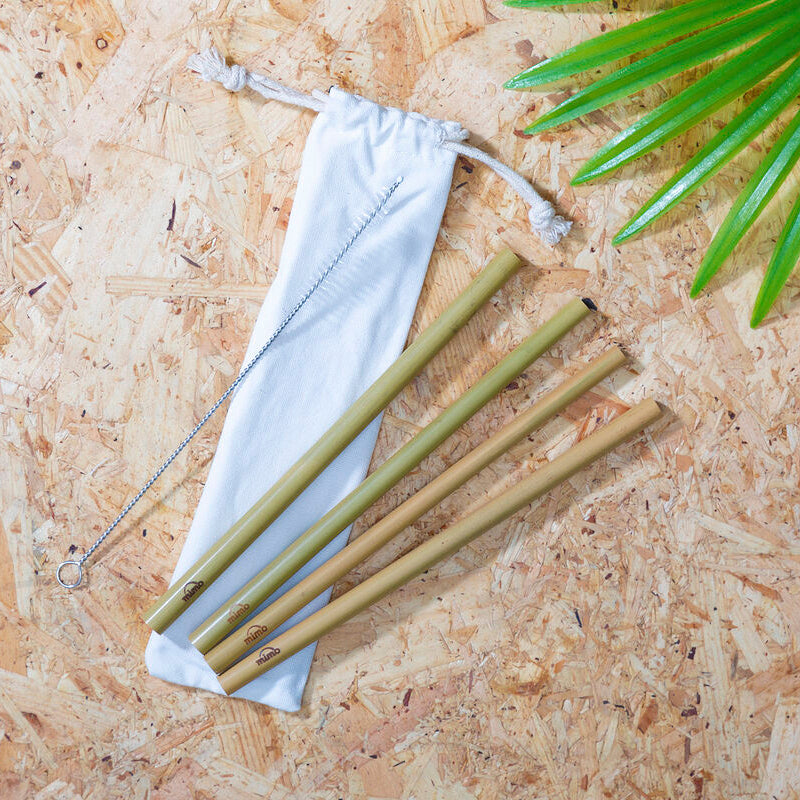Mimo Set Of 4 Bamboo Straws With Cleaning Brush