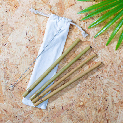 Mimo Set Of 4 Bamboo Straws With Cleaning Brush
