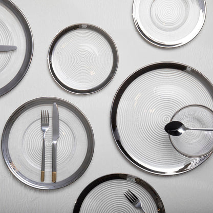 Ida Embossed Glass Coupe Dinner Plate with Silver Rim