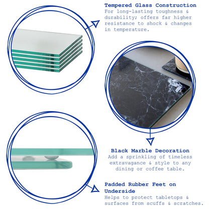 12pc Rectangle Glass Placemats & Square Coasters Set - 30cm x 20cm - Marble