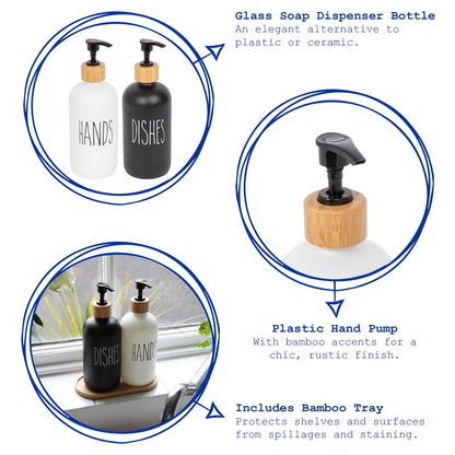 2pc 500ml Black & White Glass Hand & Dish Soap Dispenser Set with Bamboo Tray