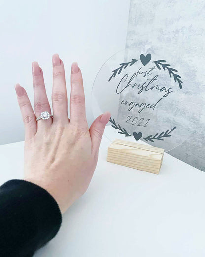 First Christmas Engaged Heart Wreath Christmas Acrylic Plaque Sign With Wooden Base