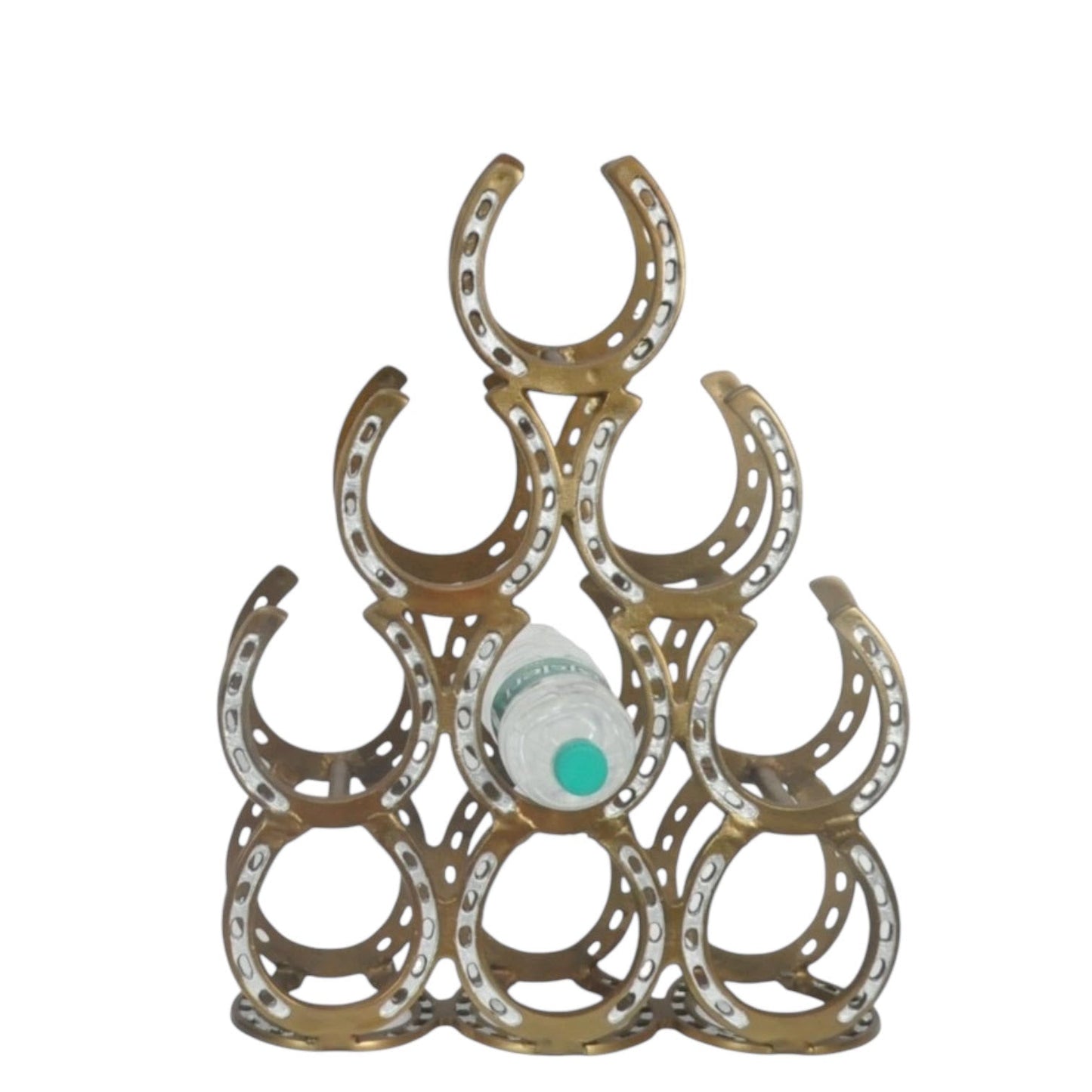 53CM ANTIQUE BRASS 9 BOTTLE WINE RACK