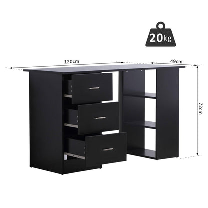 120cm Computer Desk Writing Table PC Workstation Study Laptop Stationery w/ 3 Shelf & Drawers Black