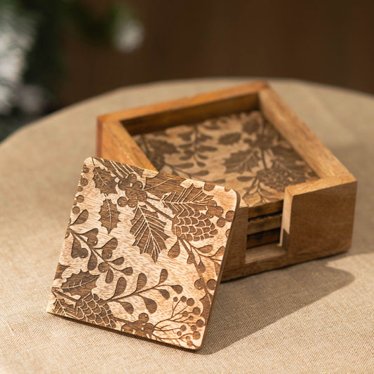 Set of 4 Wooden Berry Etched Coasters