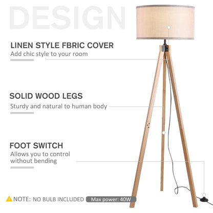 5Ft Elegant Wood Tripod Floor Lamp Free Standing E27 Bulb Lamp Versatile Use For Home Office - Beige
