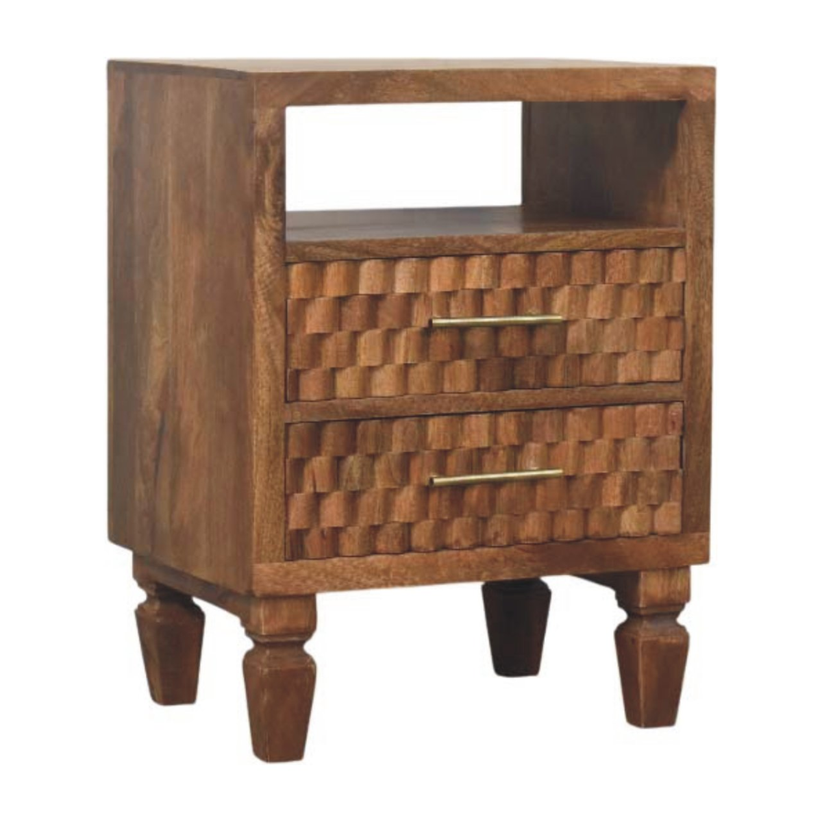 Artisan Furniture Solid Wood Arno Bedside in Golden Teak, 2 Drawers, 1 Open Slot, Beige