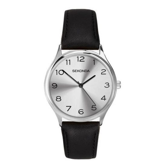 Sekonda Mens Basic Silver Dial and Black Leather Strap Watch1851