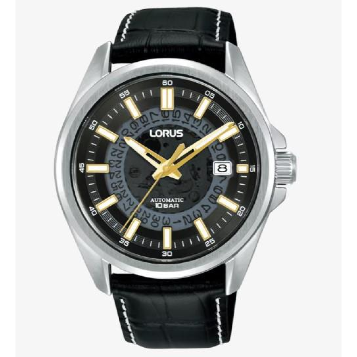 Lorus Mens Automatic Date Black Dial Black Leather strap Watch RU411AX9
