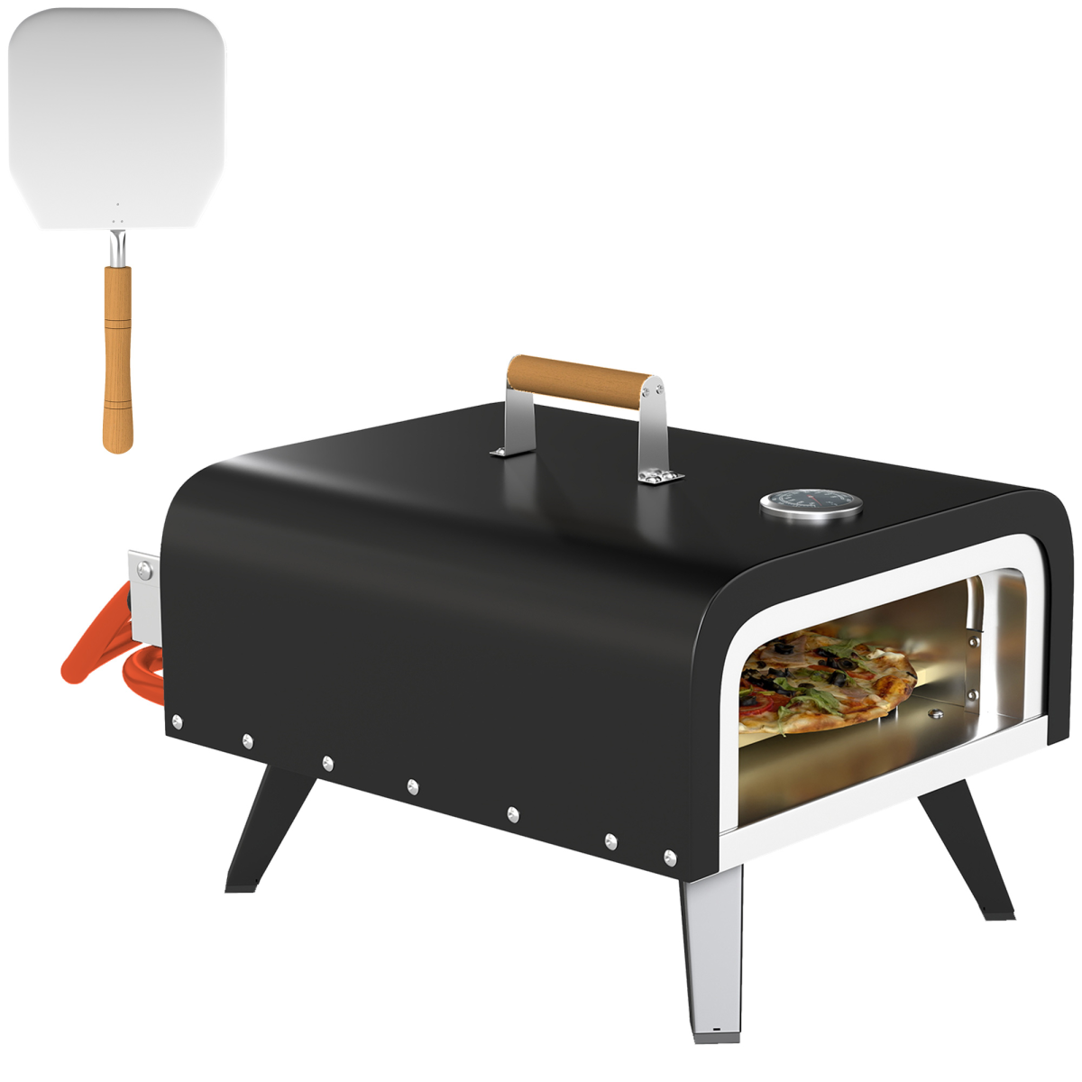 Outsunny Outdoor Tabletop Gas Pizza Oven with 12" Pizza Stone & Peel, Black
