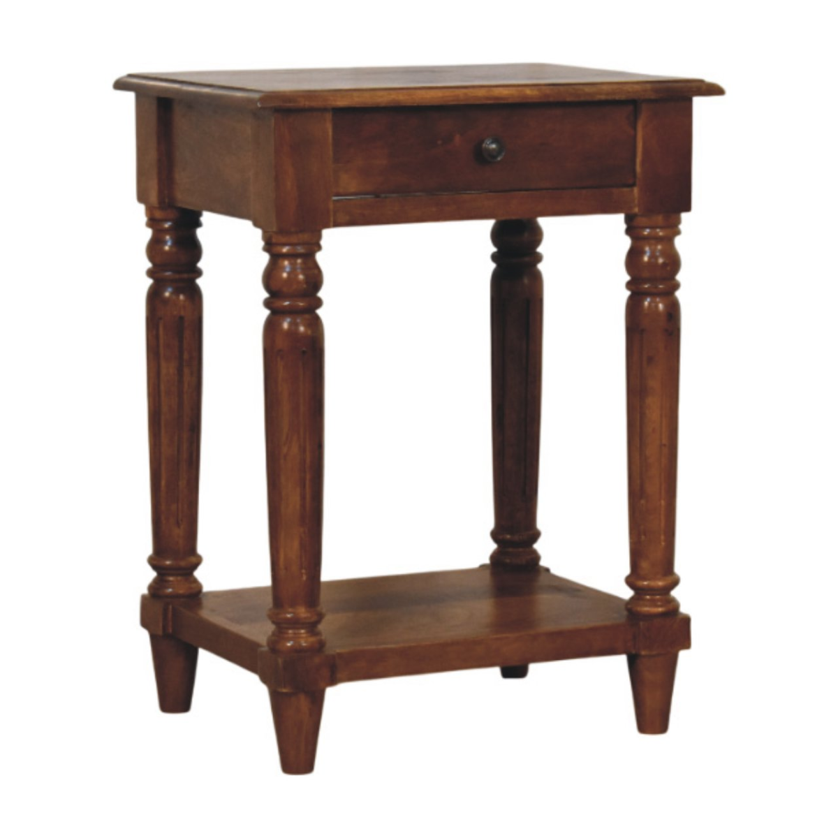 Artisan Furniture Solid Wood Turned Legs Chestnut Side Table, 1 Drawer and 1 Lower Shelf, Dark Brown