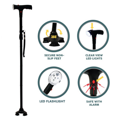 Camping Hiking Walking Stick 5-Level Height Adjustable Folding Walking Cane with LED Light And Alarm