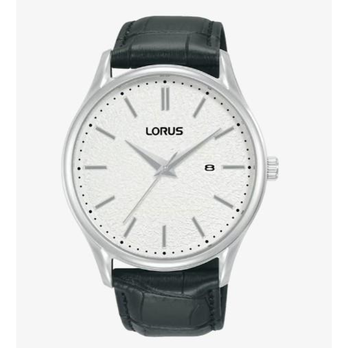 Lorus Mens Date White ‘Moon’Dial Black Leather strap Watch RH937QX9