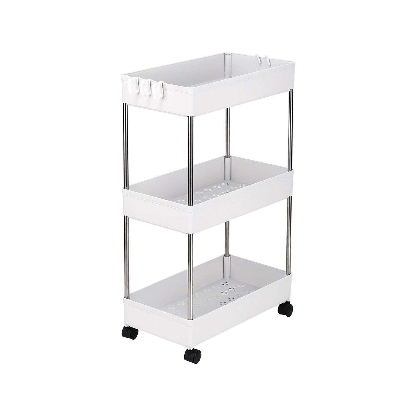 3-Layer Mobile Multi-functional Storage Cart,Suitable for Kitchen, Bathroom, Laundry Room Narrow Place, Plastic and Stainless Steel, White