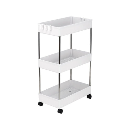 3-Layer Mobile Multi-functional Storage Cart,Suitable for Kitchen, Bathroom, Laundry Room Narrow Place, Plastic and Stainless Steel, White