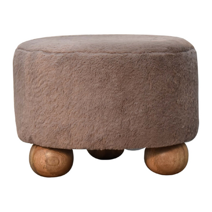 Artisan Furniture Solid Mango Wood Mocha Faux Fur Round Ball Footstool