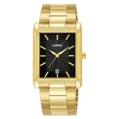 Lorus Mens Basic Fashion Rectangular Date Black Dial Gold tone Stainless Steel Bracelet Watch RH938RX9