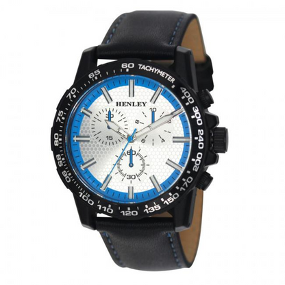 Henley Mens Satin Black Sports Coloured Stitch Multi Eye Watch Blue H03015.16
