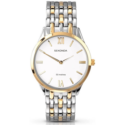 Sekonda Classic Basic Mens White Dial Two Tone Stainless Steel Bracelet Watch 3449