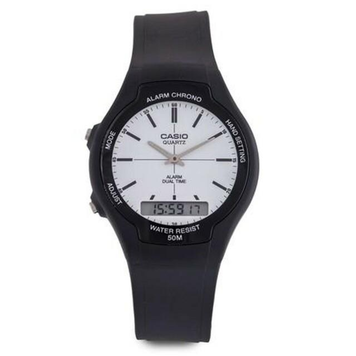 Casio Mens Dual Digital Time White Dial Black Rubber Strap Watch - AW-90H-7EVDF