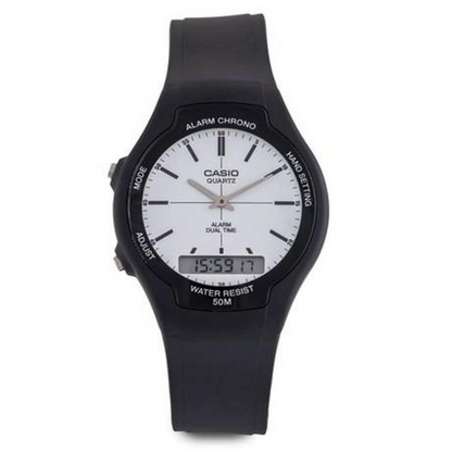 Casio Mens Dual Digital Time White Dial Black Rubber Strap Watch - AW-90H-7EVDF