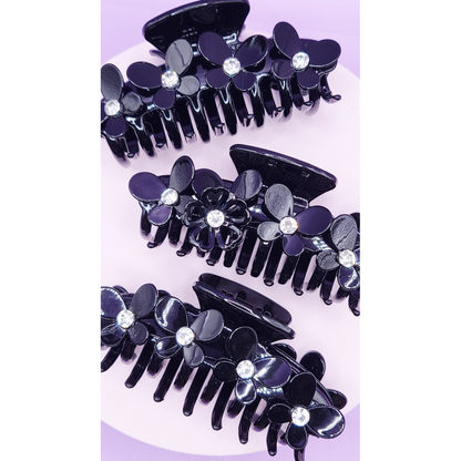 Crystal Black Flower Hair Clamp Pack of 12