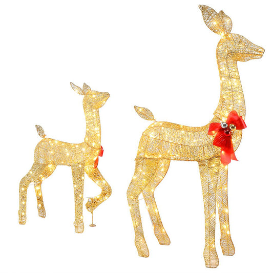 2-Piece Lighted Christmas Deer Family, Outdoor Yard Decoration Set with 210 LEDs Warm White Light, Gold