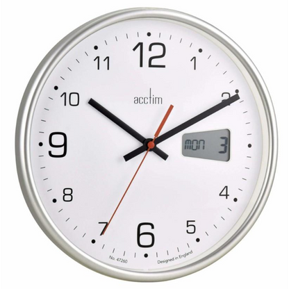 Acctim Kalendar Silver Frame with Digital Date 270mm Diameter Wall Clock 22367