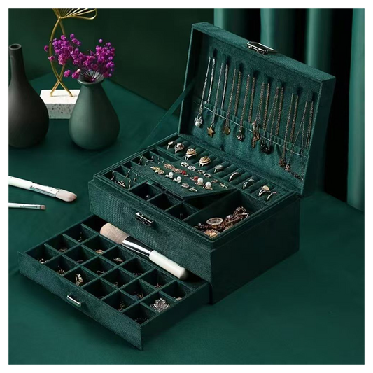 1pc Green 3-Layers Jewelry Box, Large PU Leather Finish Storage Drawer Cabinet, Jewelry, Earrings, Necklace, Bracelet, Ring, Ornaments, Adorn Article, Small Item Organizer Box Art Supplies