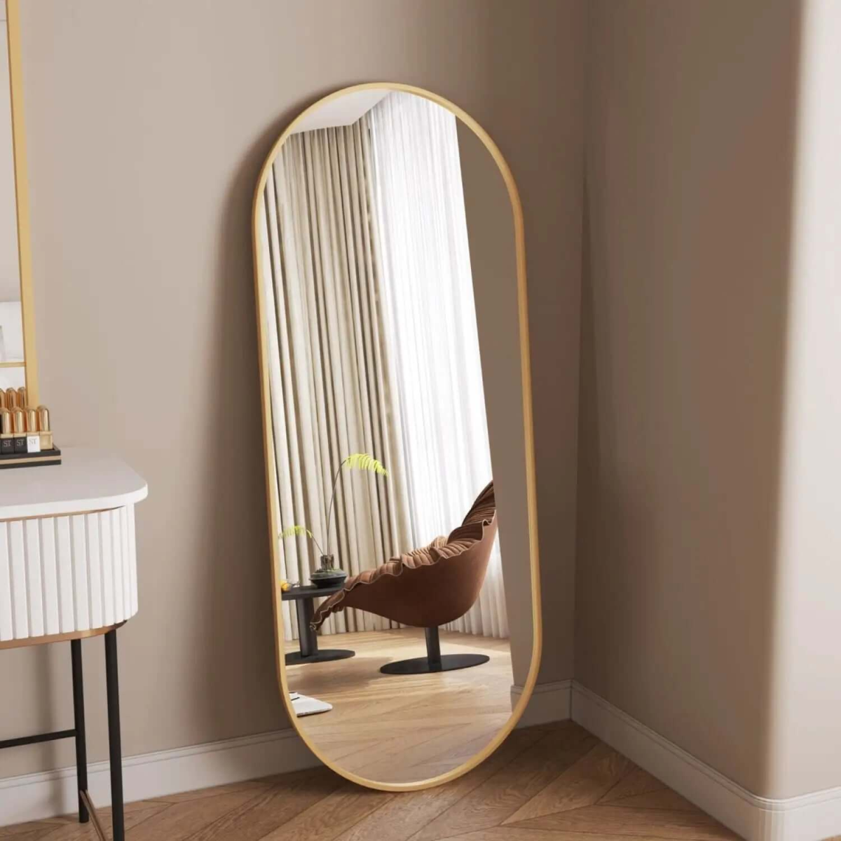 Emi- Gold Metal Runway Oval Mirror - 120cm x 40cm