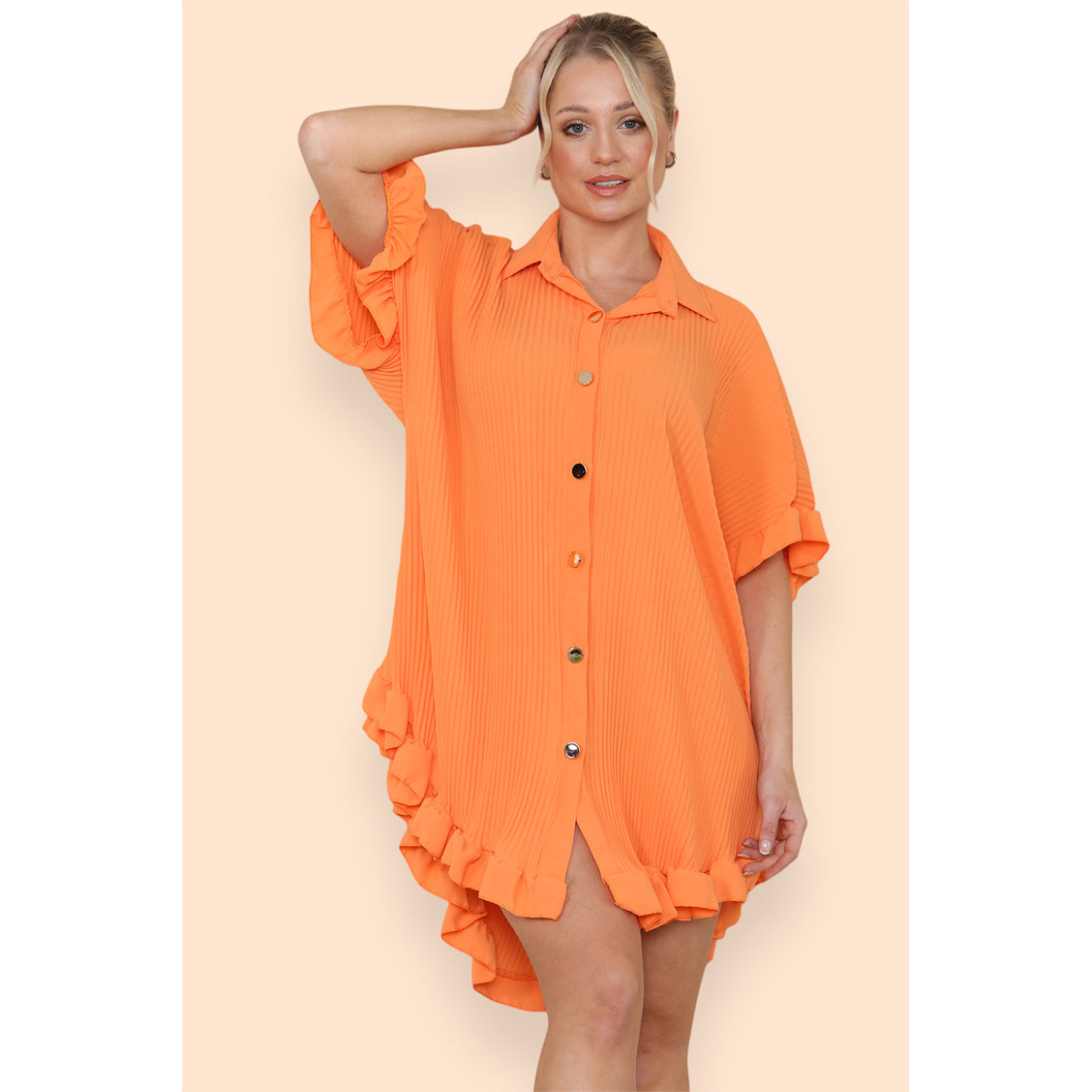 Over Sized Italian Gold Button Pleated Frill Ruffle TikTok Dress Top