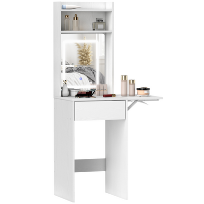 HOMCOM Compact Dressing Table with Lighted Mirror Open Shelves Drawer White