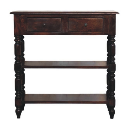 Artisan Furniture Solid Wood Turned legs Cherry Side Table, 2 Drawers, 2 Shelves, Dark Brown