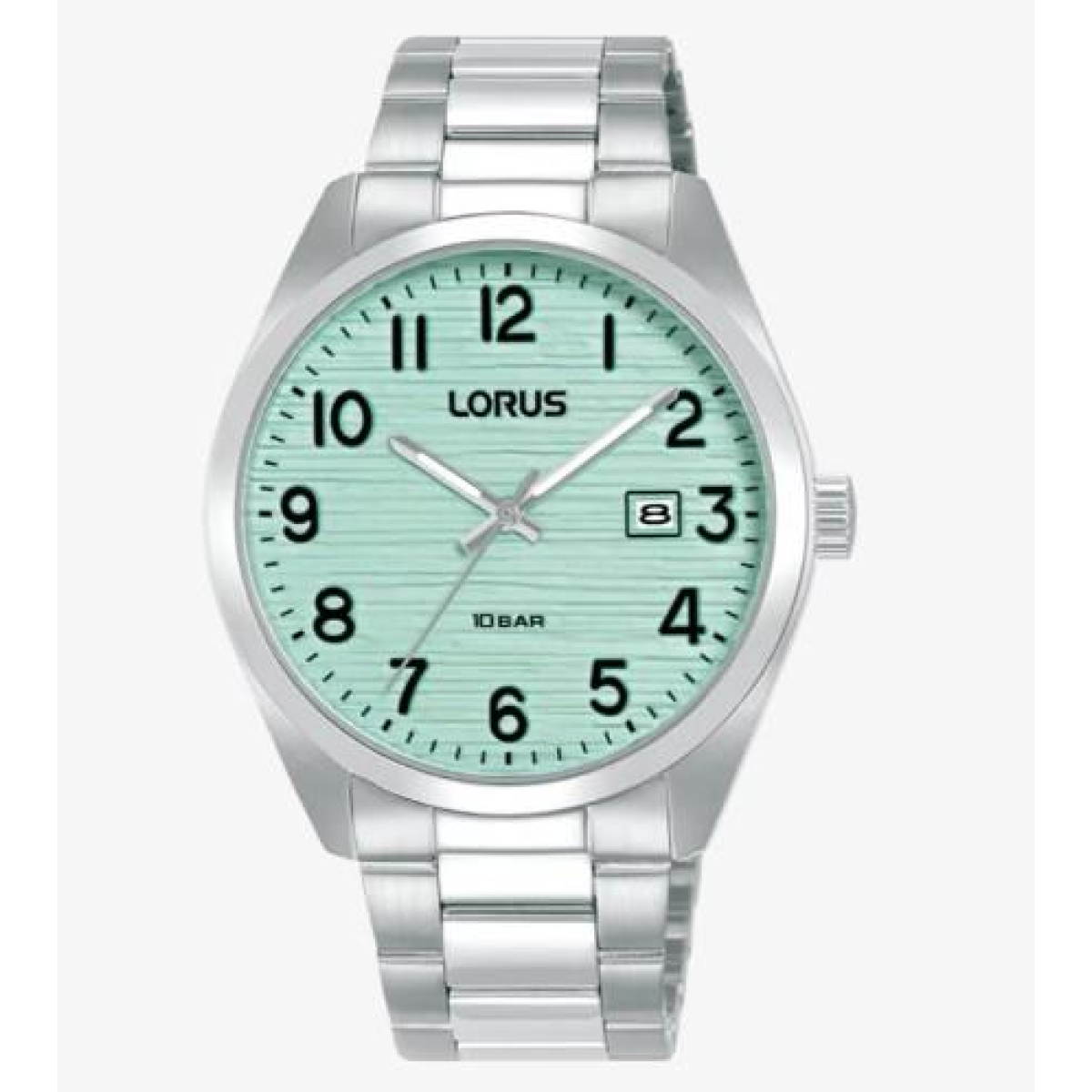 Lorus Mens  Basic Fashion Date Light Green Textured Dial Silver Plated Stainless Steel Bracelet Watch RH909RX9