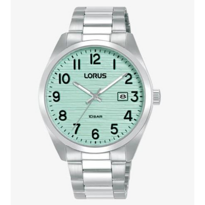 Lorus Mens  Basic Fashion Date Light Green Textured Dial Silver Plated Stainless Steel Bracelet Watch RH909RX9
