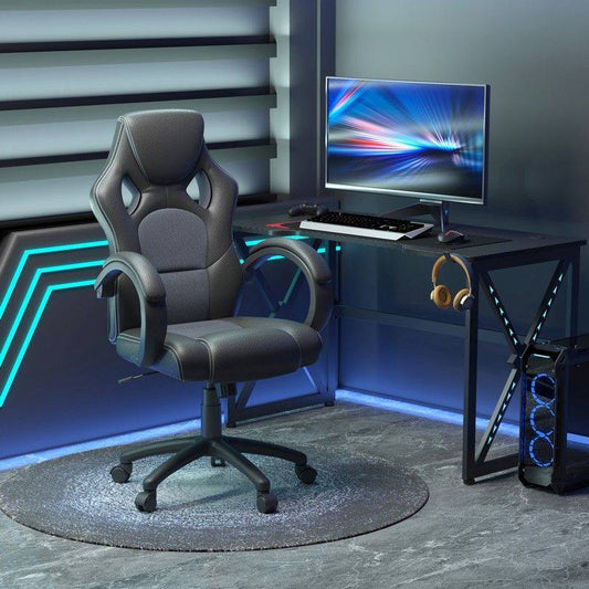High-Back Office Chair Faux Leather Swivel Computer Desk Chair For Home Office With Wheels Armrests Black