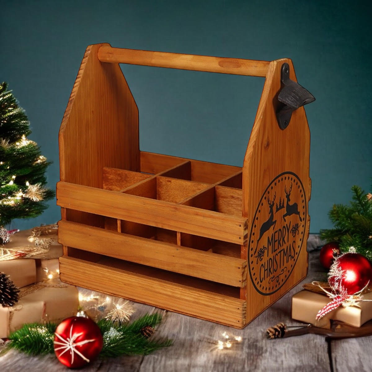 WOODEN 6 BOTTLE HOLDER WITH METAL OPENER