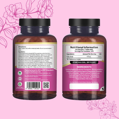 Folic Acid Tablets 400 mcg - 400 Vegan Vitamin B9 Tablets
