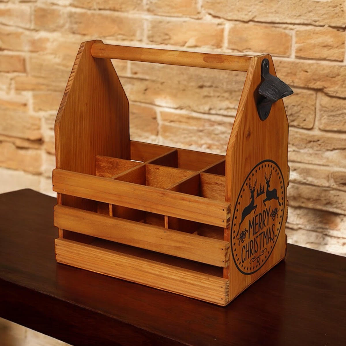 WOODEN 6 BOTTLE HOLDER WITH METAL OPENER