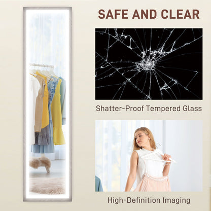 HOMCOM Dimming Full Length Mirror w/ Lights Standing Leaning Wall Mount Grey